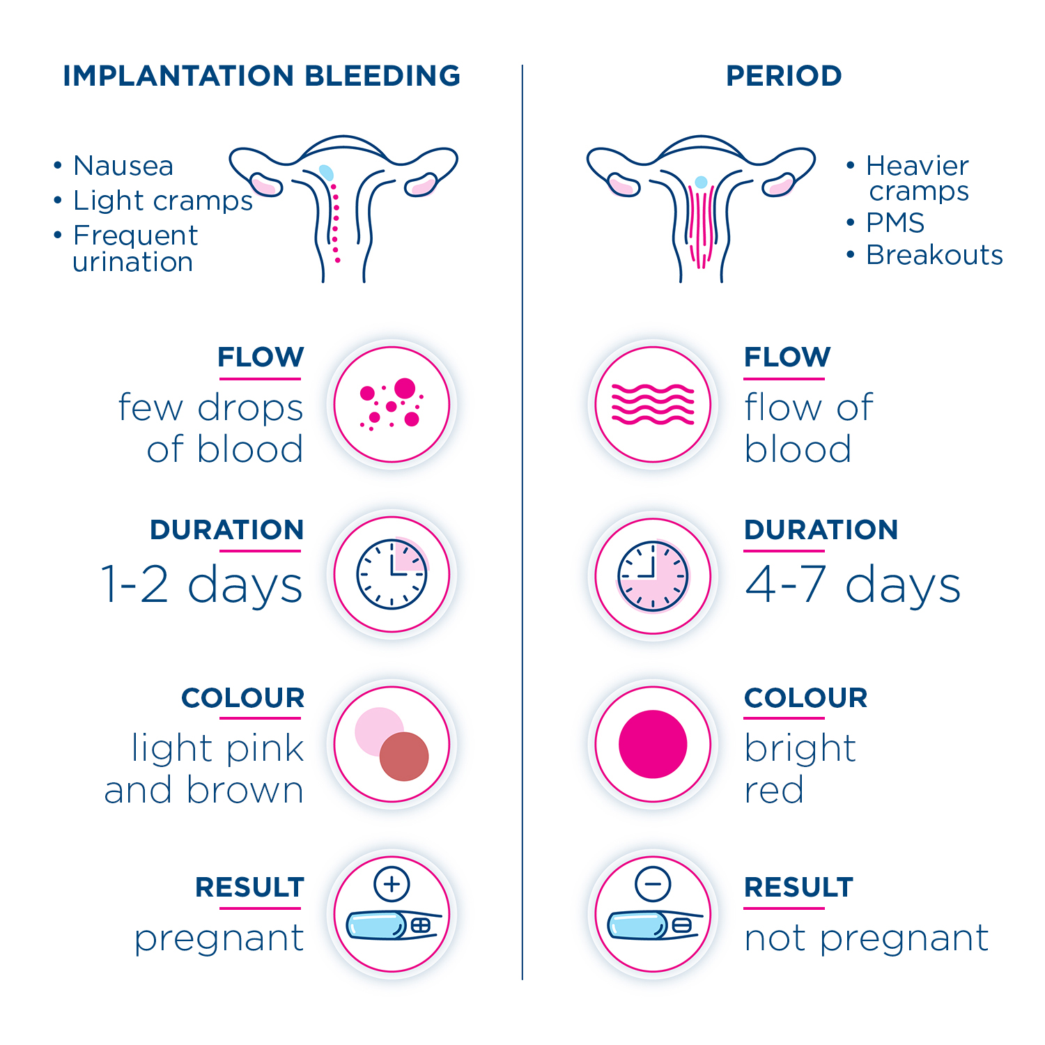 Infografía que compara los signos y síntomas para distinguir la diferencia entre el sangrado de implantación y el período